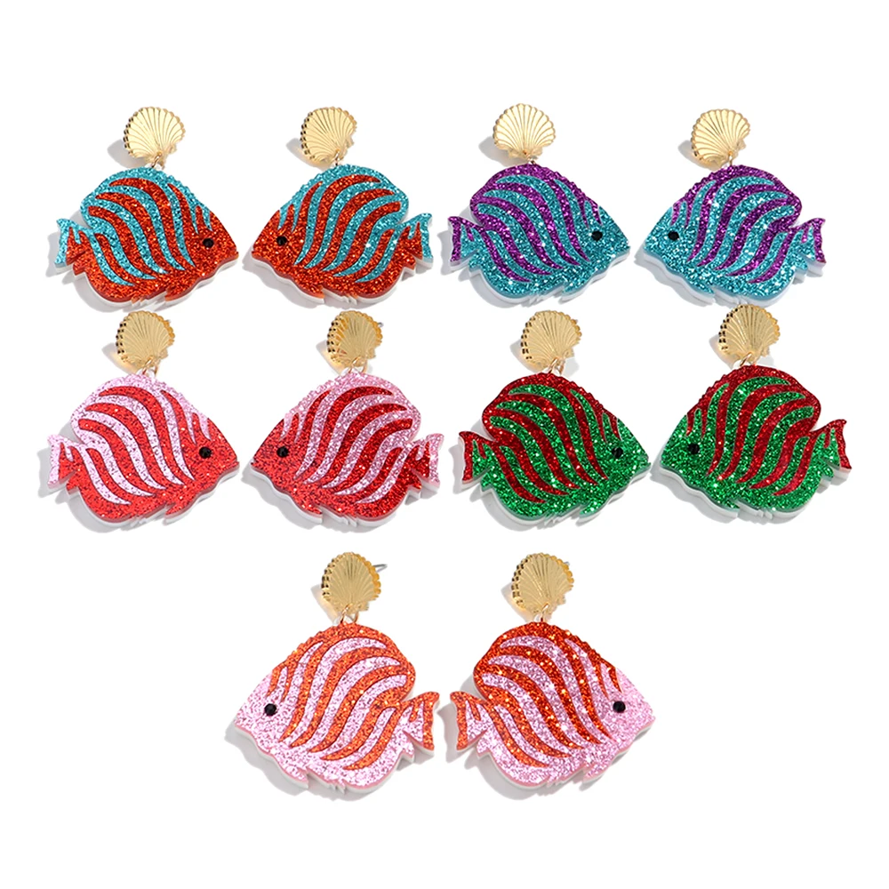 Pendientes colgantes de pez coloridos acrílicos con purpurina a la moda para mujer, bonitos pendientes colgantes de sector de animales marinos, regalos de joyería de verano