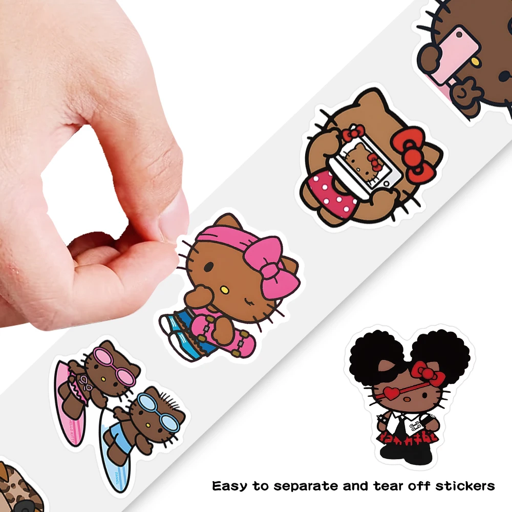 

500pcs/Roll Black Skin Hello Kitty Cute Sanrio Cartoon Sealing Stickers DIY PVC Laptop Decals Decoration Reward Gift Toy