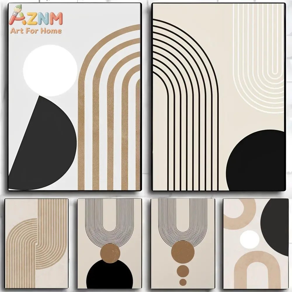 AZNM Boho Neutral Geometric Line Canvas Wall Print Unframed Abstract Arch Circle Shape Poster Minimalist Beige Black Living Room