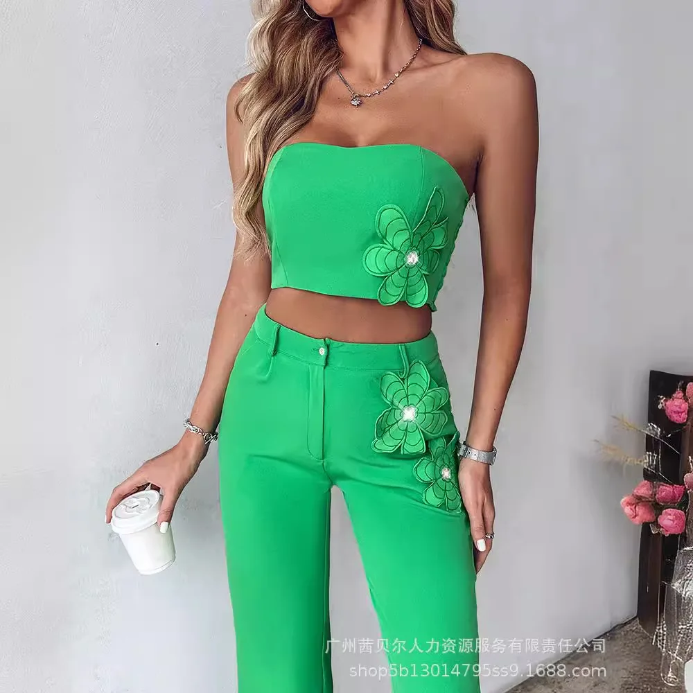 Floral Pattern Bandeau Top & Pants Set Women Two Piece Set Sleeveless Tops High Waist Straight Long Pants Loose Casual 2024