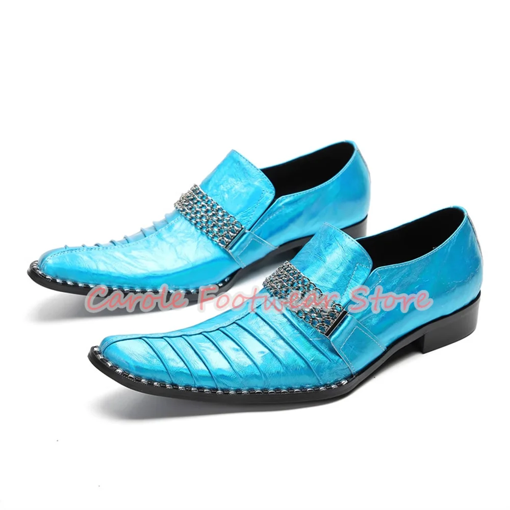

Luxury Rivet Chain Decor Pleated Leather Loafers for Men Square Toe Chunky Heel Slip-on Derby Shoes Male Casual Business Shoes