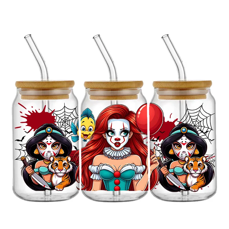 Cute Cartoon Halloween Jasmine Girl 16OZ UV DTF Cup Wrap Transfer Sticker Custom Label DIY Waterproof Logo For Libbey Glass Can