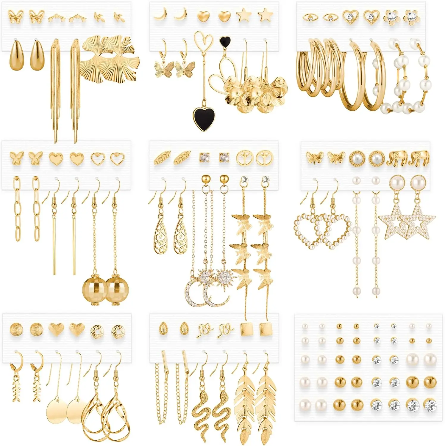 

68-Piece Dangle Earrings Set, Fashion Pearl Drop Studs for Women, Gold & Silver Party Jewelry