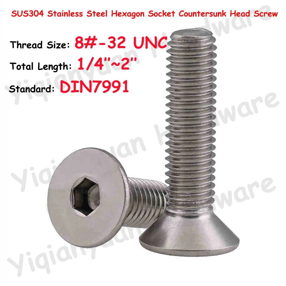 

8#-32 UNC Thread DIN7991 SUS304 Stainless Steel Hexagon Socket Countersunk Head Screws Allen Key Bolts Flat Hex Screws