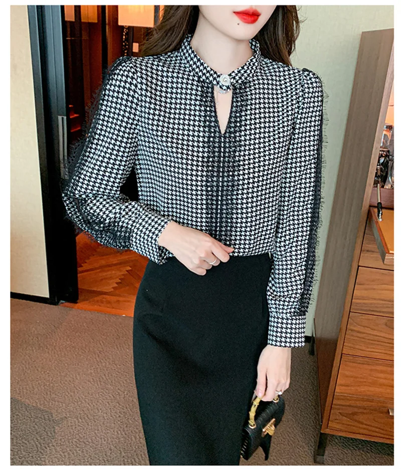 FANIECES High Quality Women Blouses Pullover Tops Elegant Stand Collar Vintage Houndstooth Print Long Sleeve Chiffon Lace Shirt