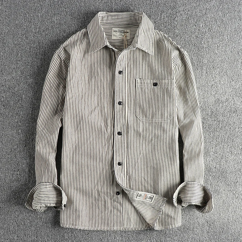 2025 Spring and Autumn New American Retro Woven Striped Cargo Shirt Men's Simple 100% Cotton Washed Single Pocket Thin Jacket
