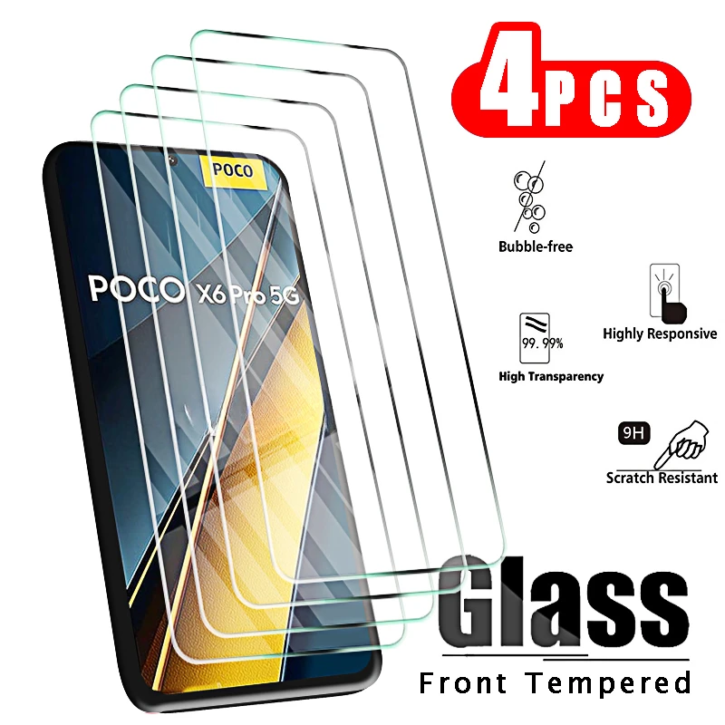 4pcs  All Transparent Tempered Glass for Xiaomi Poco X6 Pro 5G X5 X4 Pro X3 Nfc Screen Protectors on Xiaomi Poxo X6 Pro