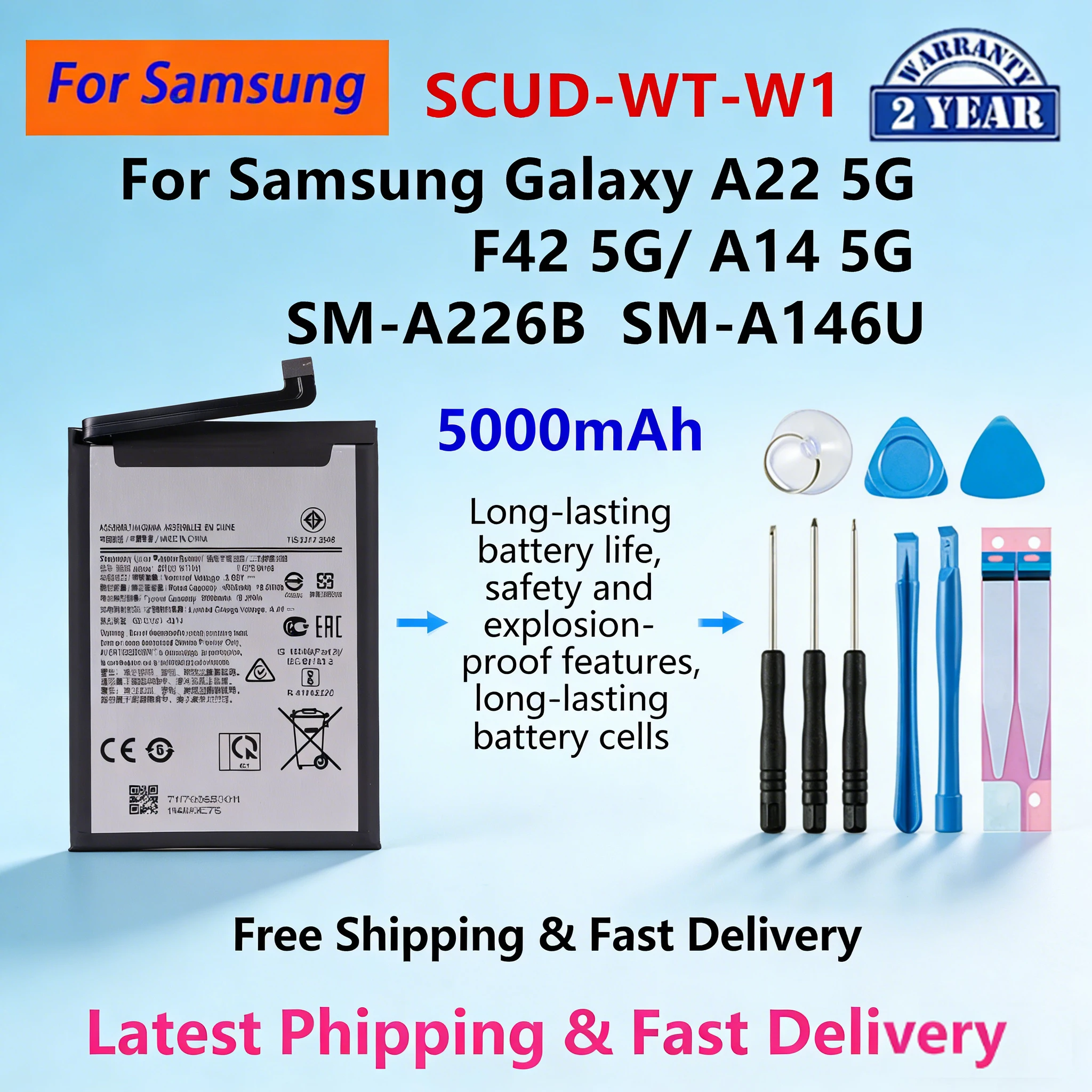 

SCUD-WT-W1 Battery for Samsung Galaxy A22 5G A14 5G F42 SM-A226B SM-A146U A146B A146P A146W 5000mAh Replacement + Tools