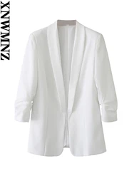 Xnwmnz Vrouwen Mode Imitatie Hennep Manchet Geplooide Blazer Vrouw Vintage Office Lady Casual Veelzijdige Dames Chique Pak Jas