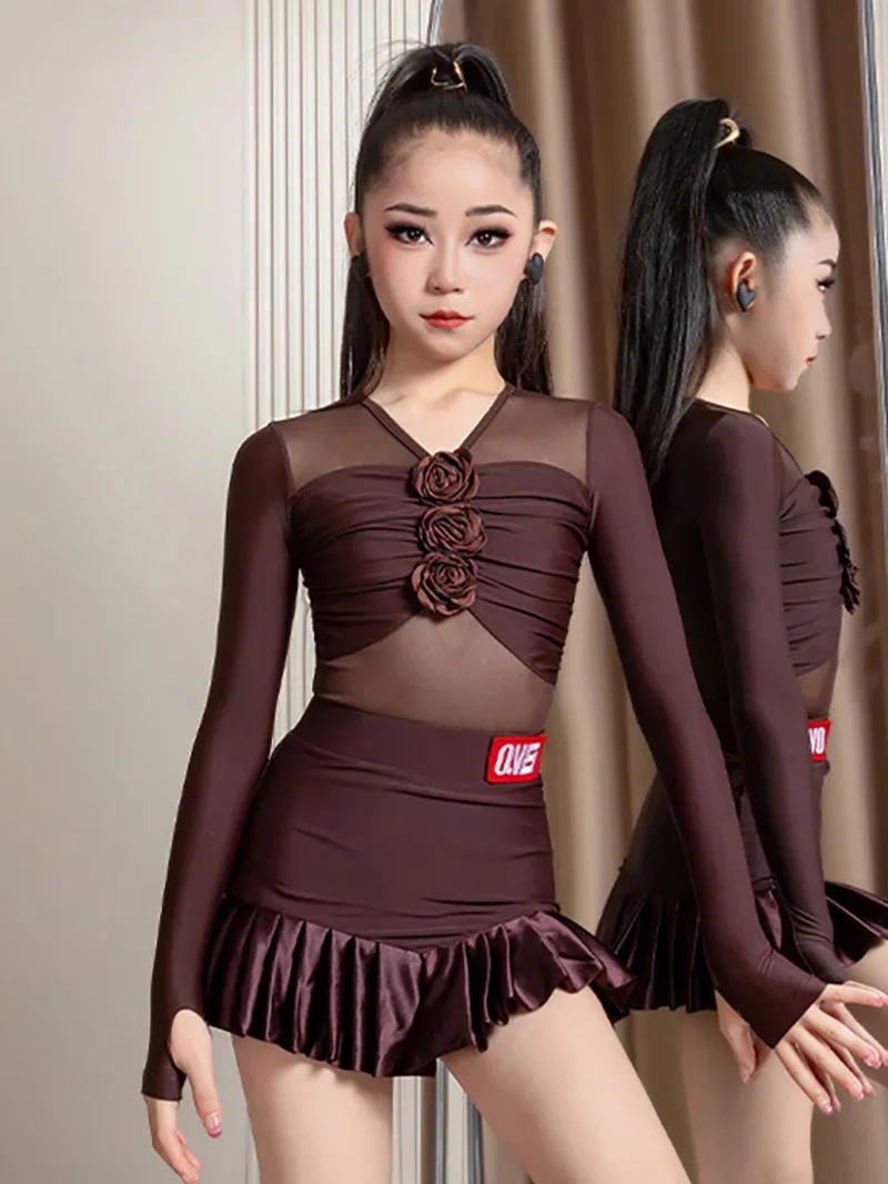 Vêtements de danse latine pour enfants filles, body et jupes en maille à volants pliables à fleurs, vêtements de danse pour spectacle Rumba pour salle de bal pour enfants