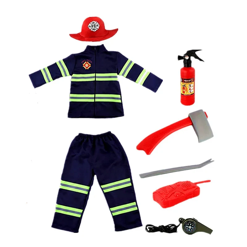 Costume de pompier bleu pour garçons, uniforme de chef des pompiers pour enfants, ensemble d'accessoires de lutte contre l'incendie, coup de pied, fête d'Halloween, pli jouant Sp123