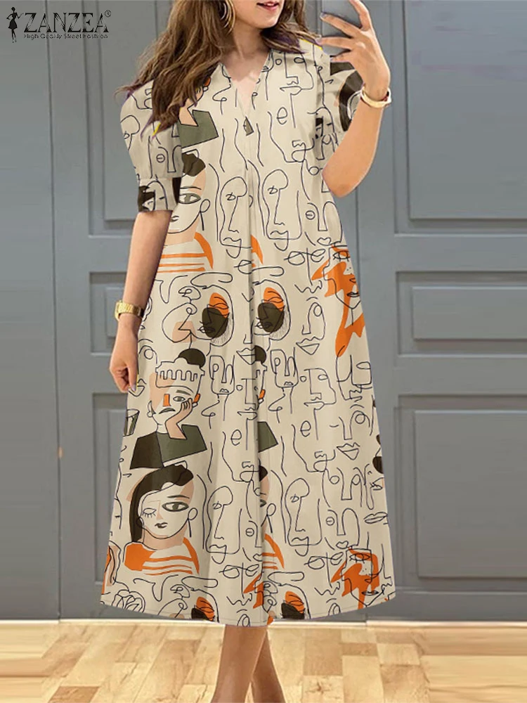 

ZANZEA Street Fashion Abstract-Face Print Midi Dresses Women's Short Puff Sleeve V-Neck A-line Robes Femme Casual Loose Vestidos