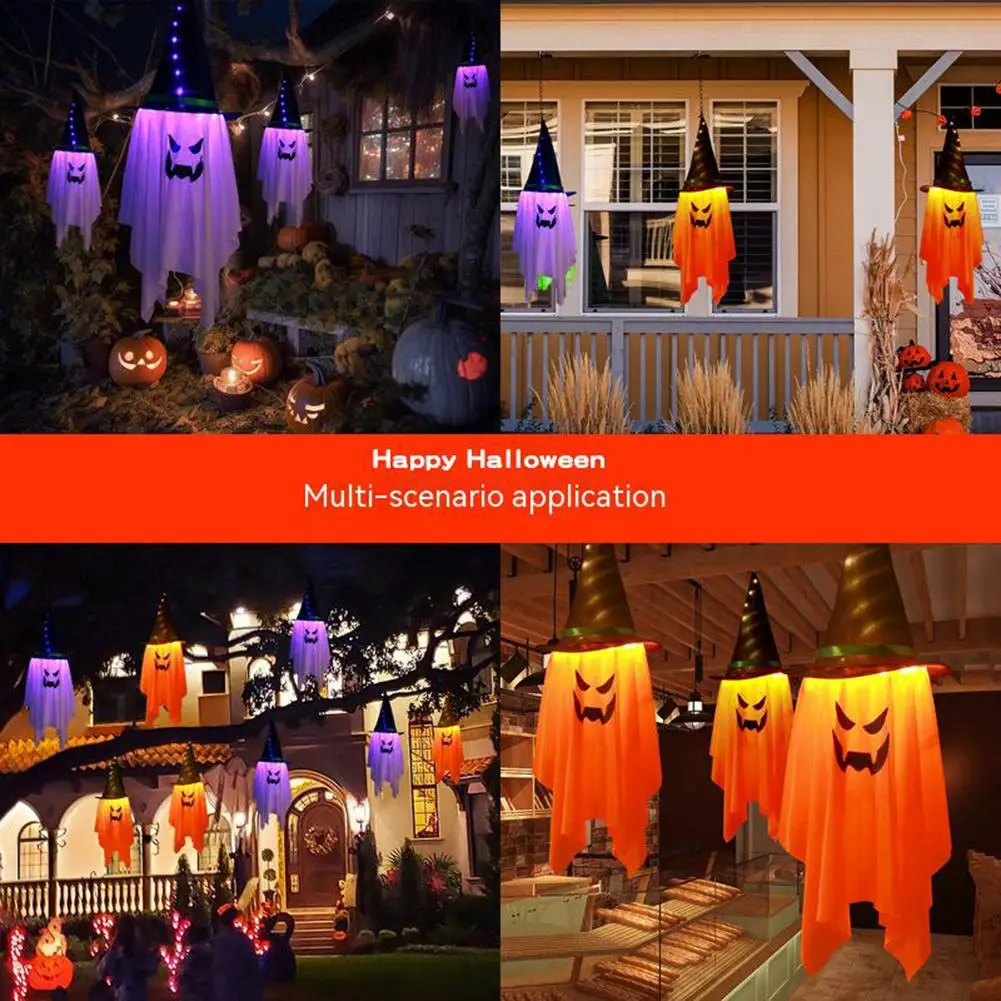 Halloween LED Lights Witch Hat Lamp Battery Operated Hanging Glowing Wizard Ghost Hat Halloween Decor For Indoor Outdoor