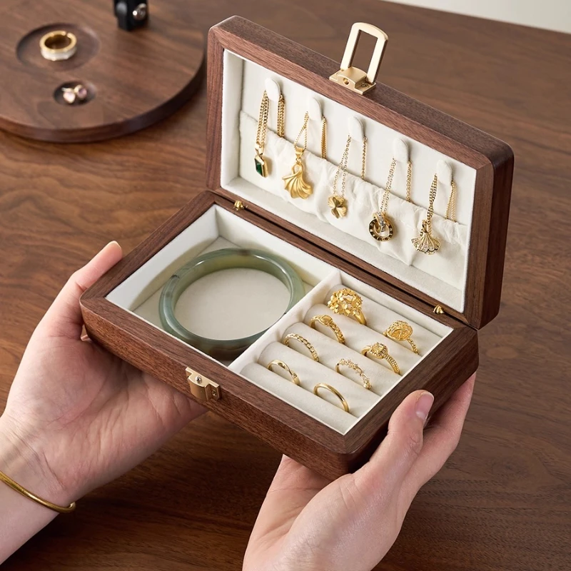 صندوق تخزين مجوهرات من خشب الجوز الأسود، منظم حلية أنيق محمول، صندوق ديكور عتيق للخواتم والأساور والإكسسوارات #3