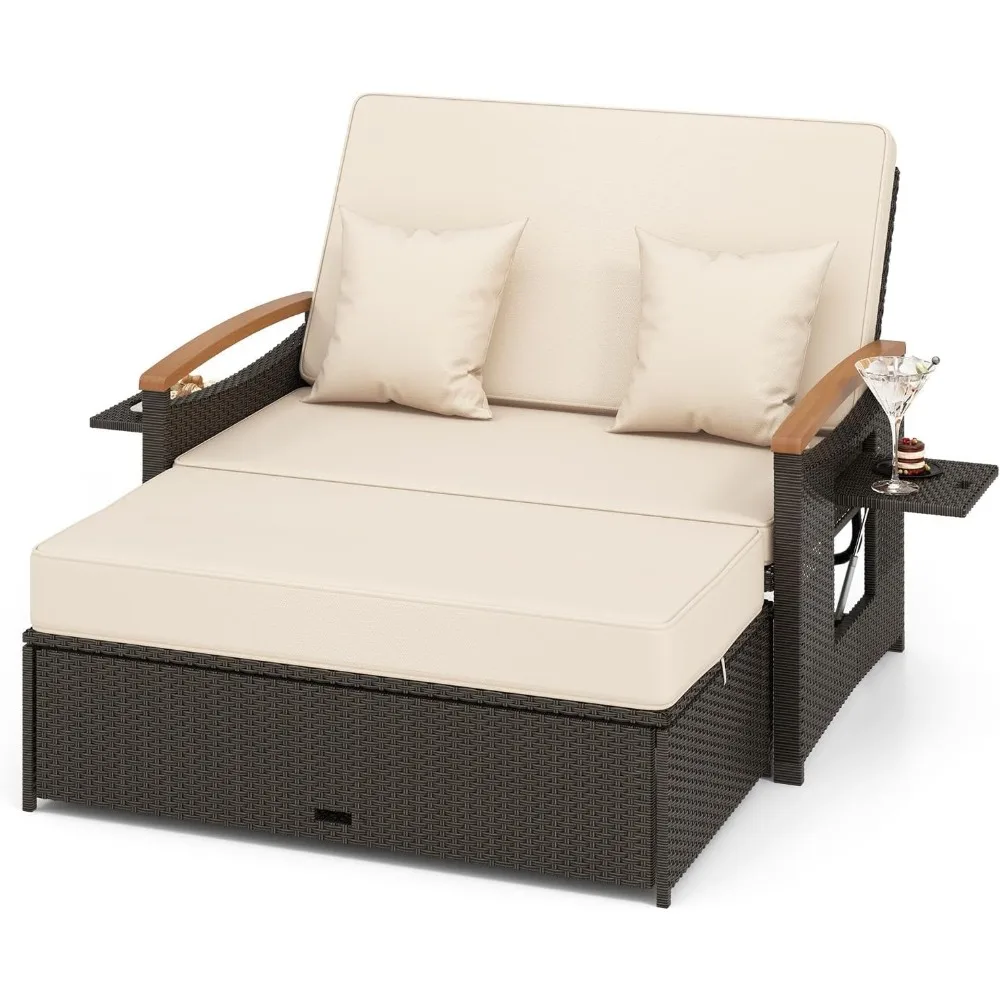 

Плетеная кушетка Moccha для улицы, двухместный диван из ротанга для патио с 4-уровневой регулируемой спинкой, складными панелями, пуфиком для хранения вещей и кушетками