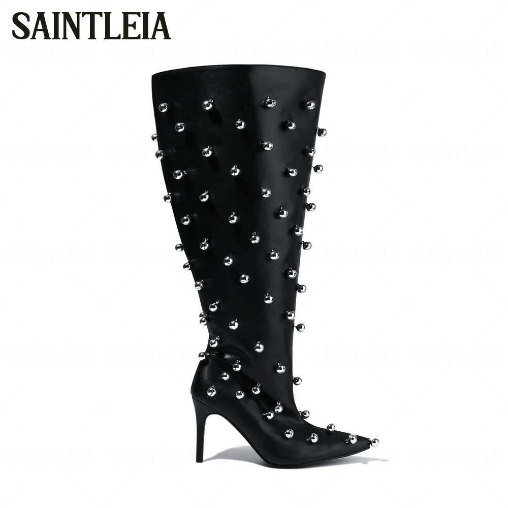 Metallic Bubble Knee High Boots Silver Tone Muted Bells Pointed Toe Pleated Boots Black Leather Blue Denim Slip on Women Boots