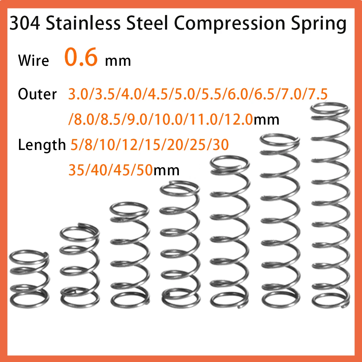 

304 Stainless Steel Compression Spring,Return Spring ,Wire 0.6Mm Outer 3.0-12Mm Length 5-50Mm , Support Customization