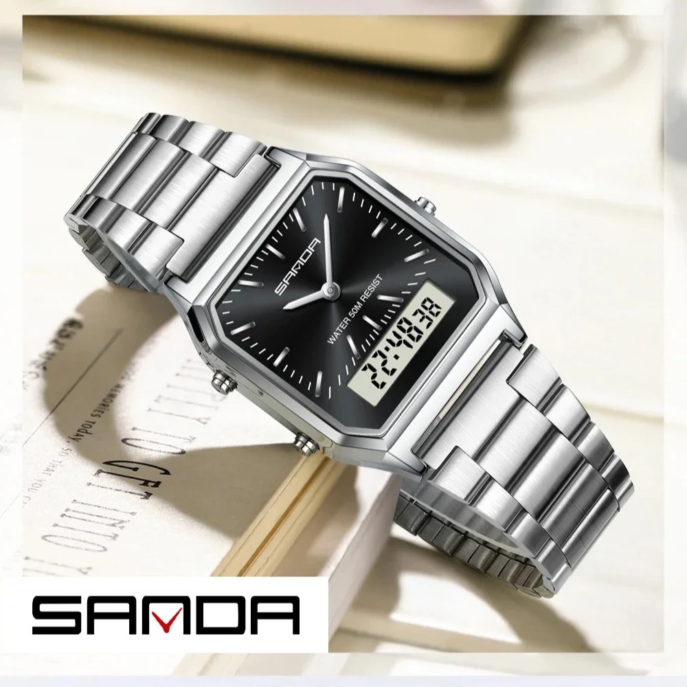 SANDA 747 Herren-Quarz-Digitaluhr, wasserdicht, lässige Modeuhr, verschleißfeste quadratische Uhr, Edelstahl-Armband für Paare