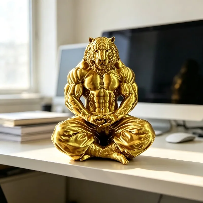 3D Printed Tiger Figurine | Golden Meditating Muscle Tiger Statue | Desk & Home Decor