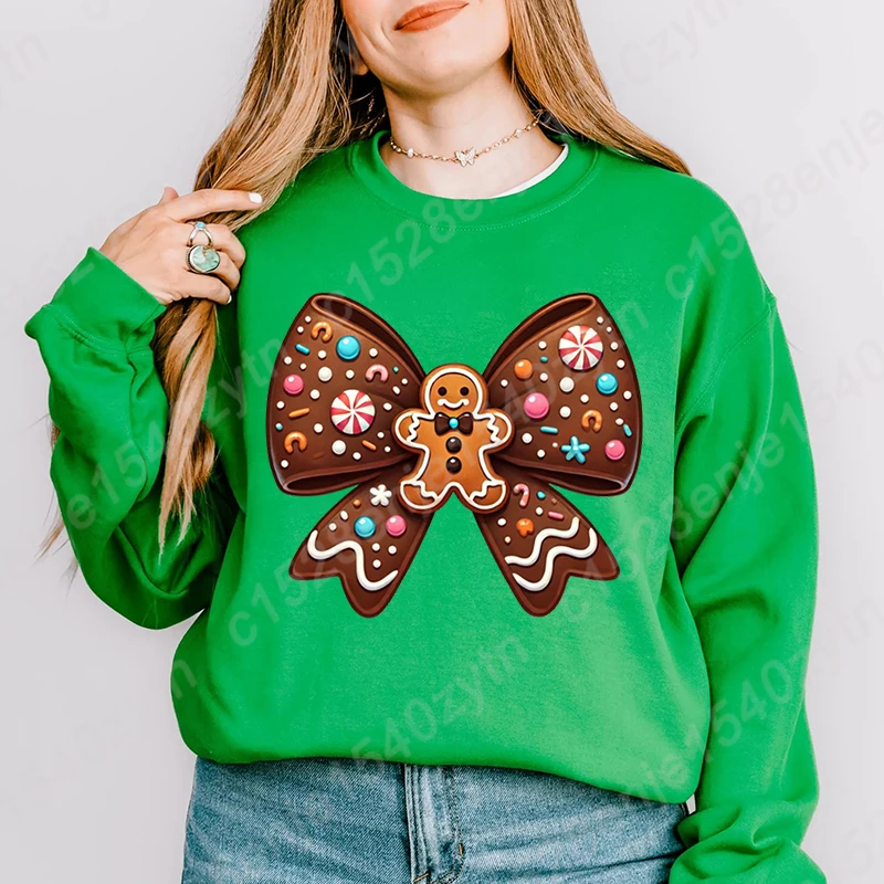 Women Fashion Tops Christmas Gingerbread Bow Graphic Pullovers Ladies Funny Long Sleeve Pullovers Crew Neck Hoodeless Sweatshirt