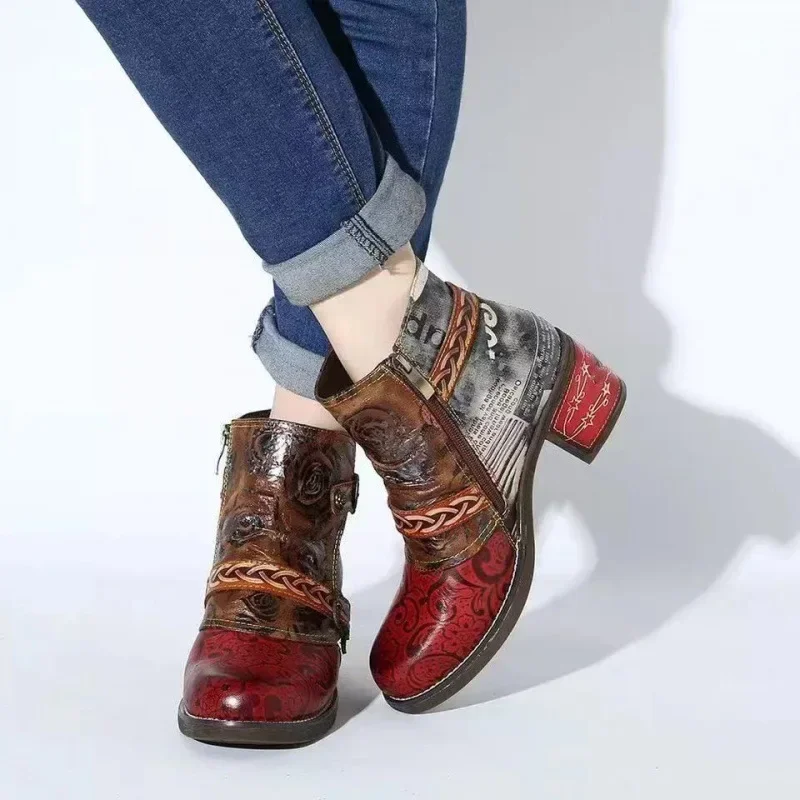 Bohemian Women Ankle Boots Casual Retro Ethnic Style Printing High Heels Shoes Autumn New Belt Buckle Leather Short Booties