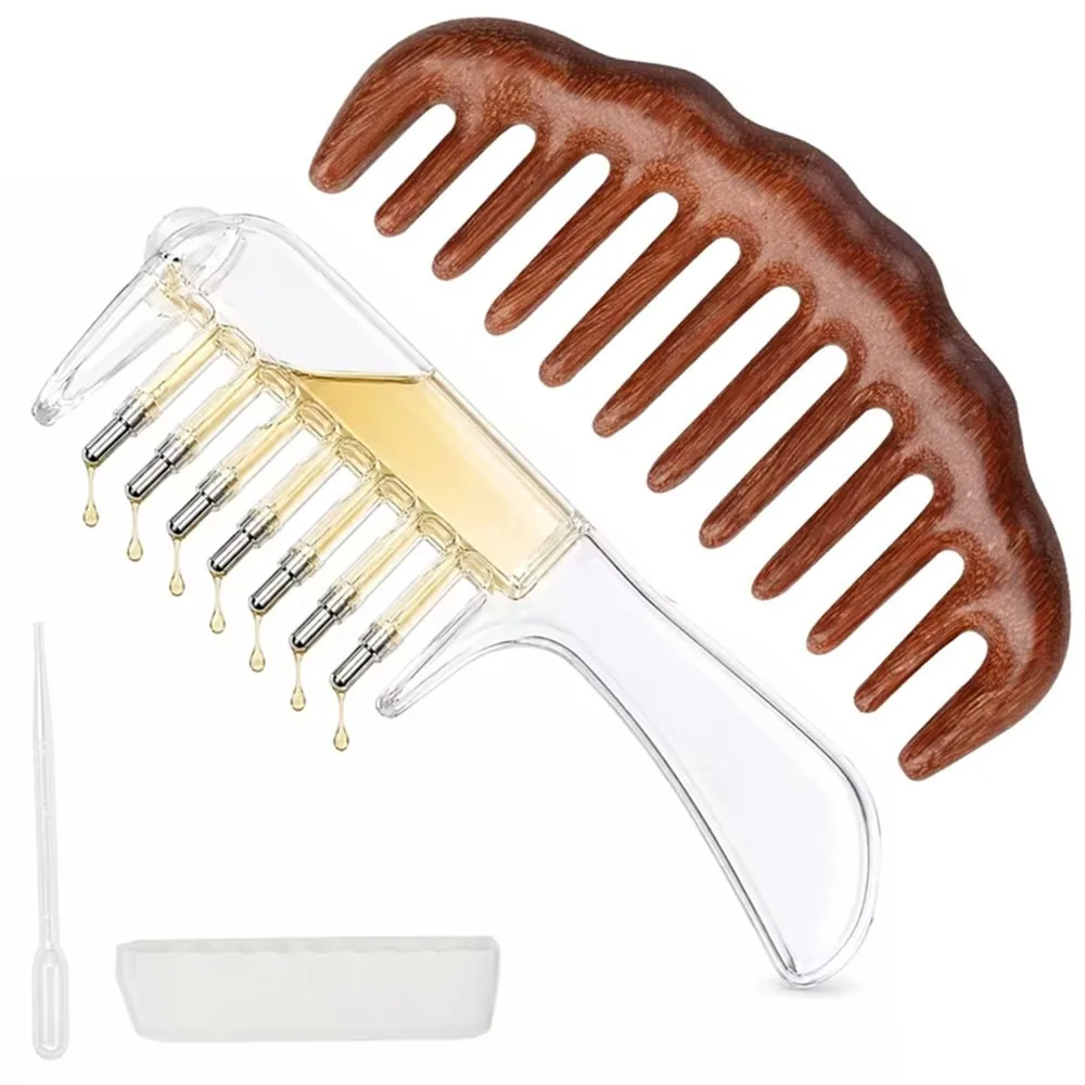 2Pcs Hair Oil Applicator Comb Set Wide Tooth Wooden Comb Sandalwood Detangling Comb with Dropper Scalp Massage Hair Care Tool