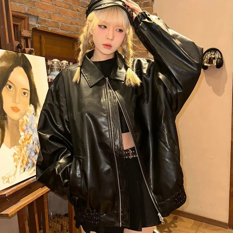 Chaqueta de cuero de manga larga con cuello tipo Polo negro, abrigo Emo para chica guay, ropa de mujer americana para otoño e invierno, Tops con cremallera
