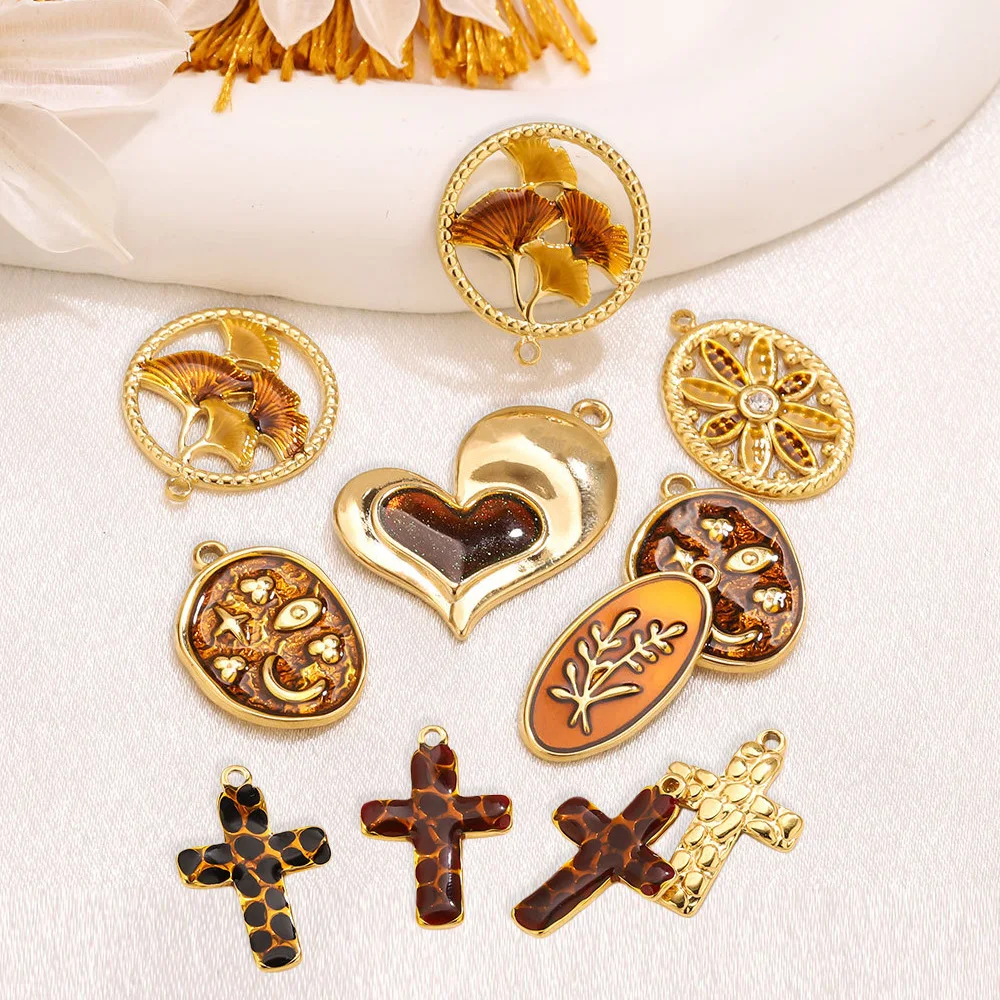 

2pcs Stainless Steel 304 18K Gold Plated Silver Maple Leaf Love Heart Cross Necklace Pendant DIY Jewelry Making Accessories