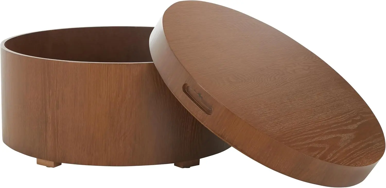 Modern Round Coffee Table With Tray Top Storage Wooden Center Table Removable Lid Storage Organizer Unit For Living Room Office Lounge Area Minimalist Accent Furniture Piece Walnut