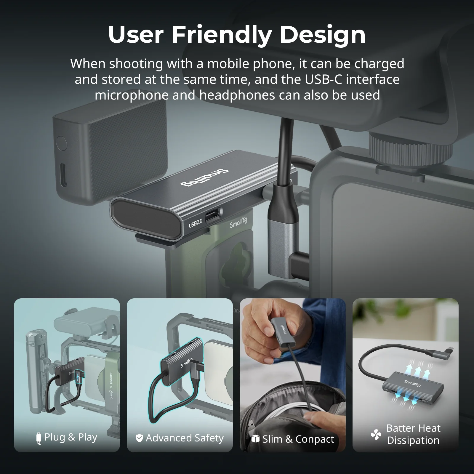 Hub USB-C SmallRig 4 in 1 PD/USB-C 3.1/USB-C 2.0 con adattatore audio, per riprese mobili di video ProRes a 4K 60fps -4598