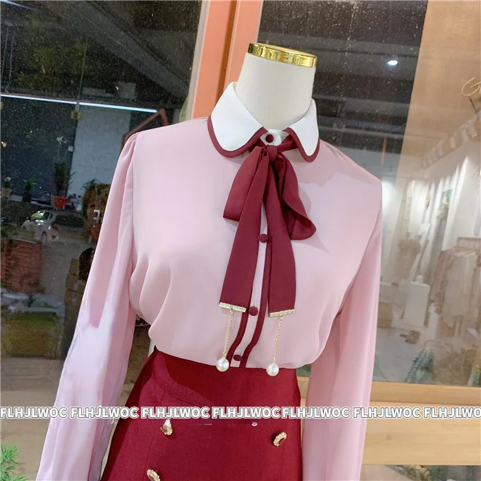 Women Cute Bow Tie Tops Preppy Style Vintage Japan Girls Korea FLHJLWOC Design Pink White Button Elegant Formal Shirts Blouses