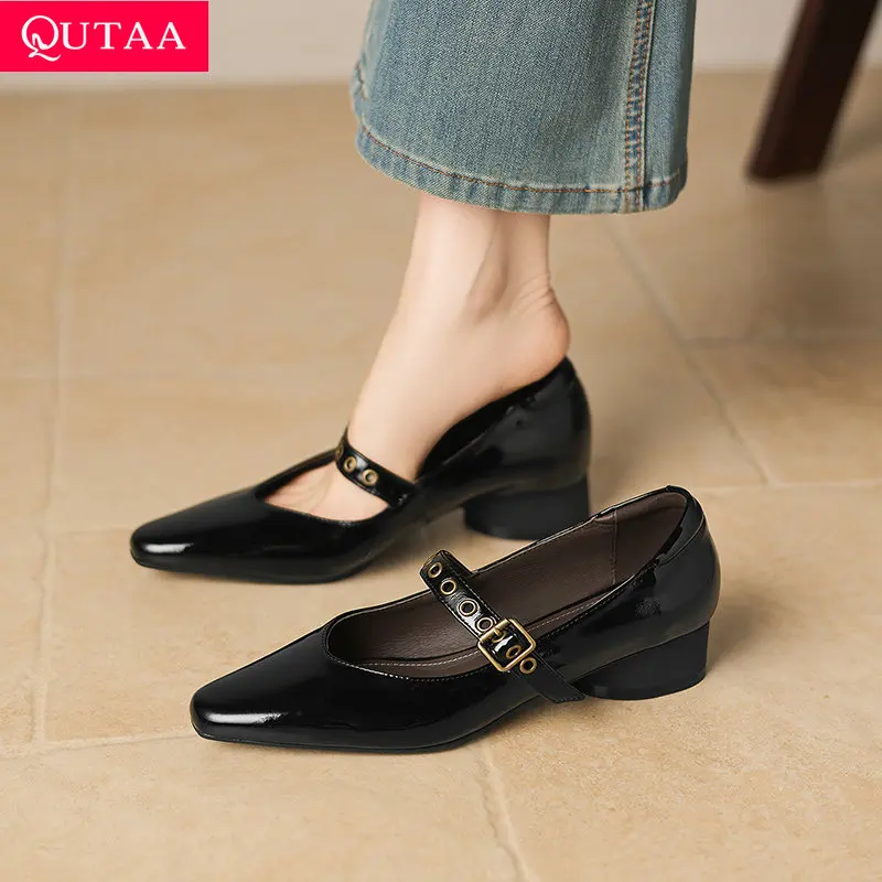 

QUTAA 2026 Fashion Women Pumps Shoes Mary Jane Patent Leather Woman Spring Sexy Shoes Chunky Heels Square Toe Ladies Dress 34-42
