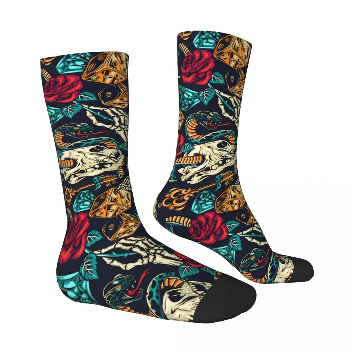 Vintage Tattoos Colorful Skull Skeleton Socks Male Mens Women Winter Stockings Printed