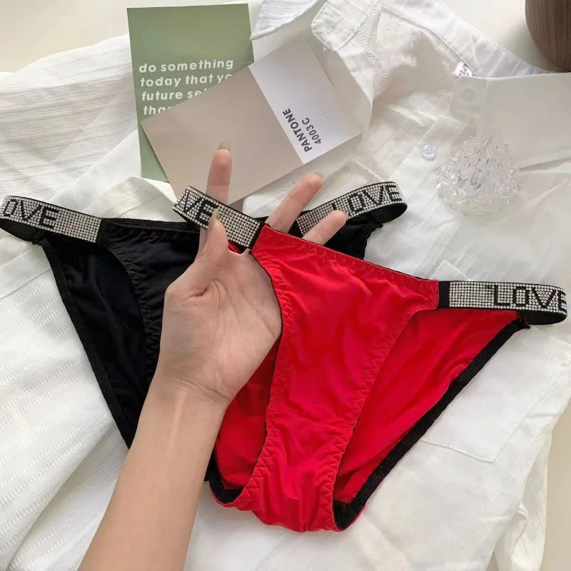 European Fashion Simple Solid Color Women's Ice Silk Underwear Rhinestone Comfortable and Breathable Thin Seamless Adult Briefs
