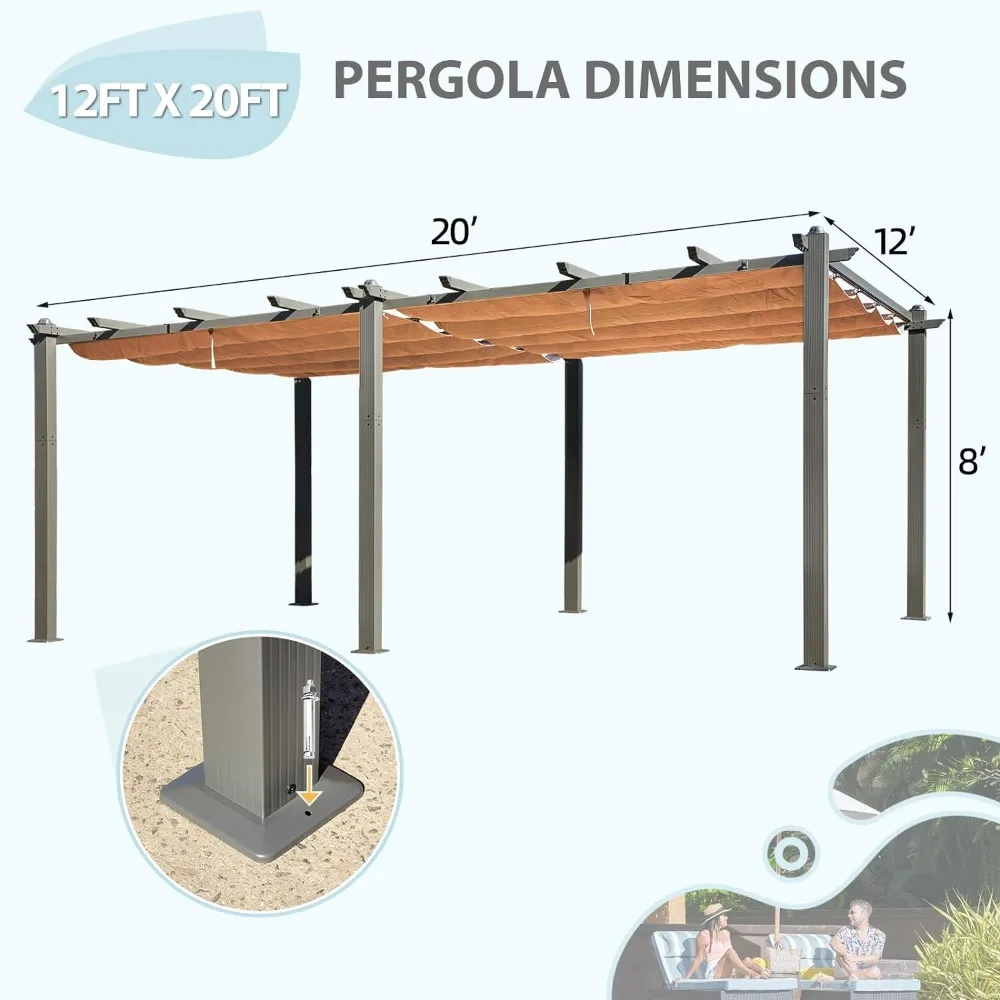 12 x 20 FT Pergola, Aluminum Pergola with Retractable Canopy, Upgraded Shelter with Adjustable and Removable Sun Shade