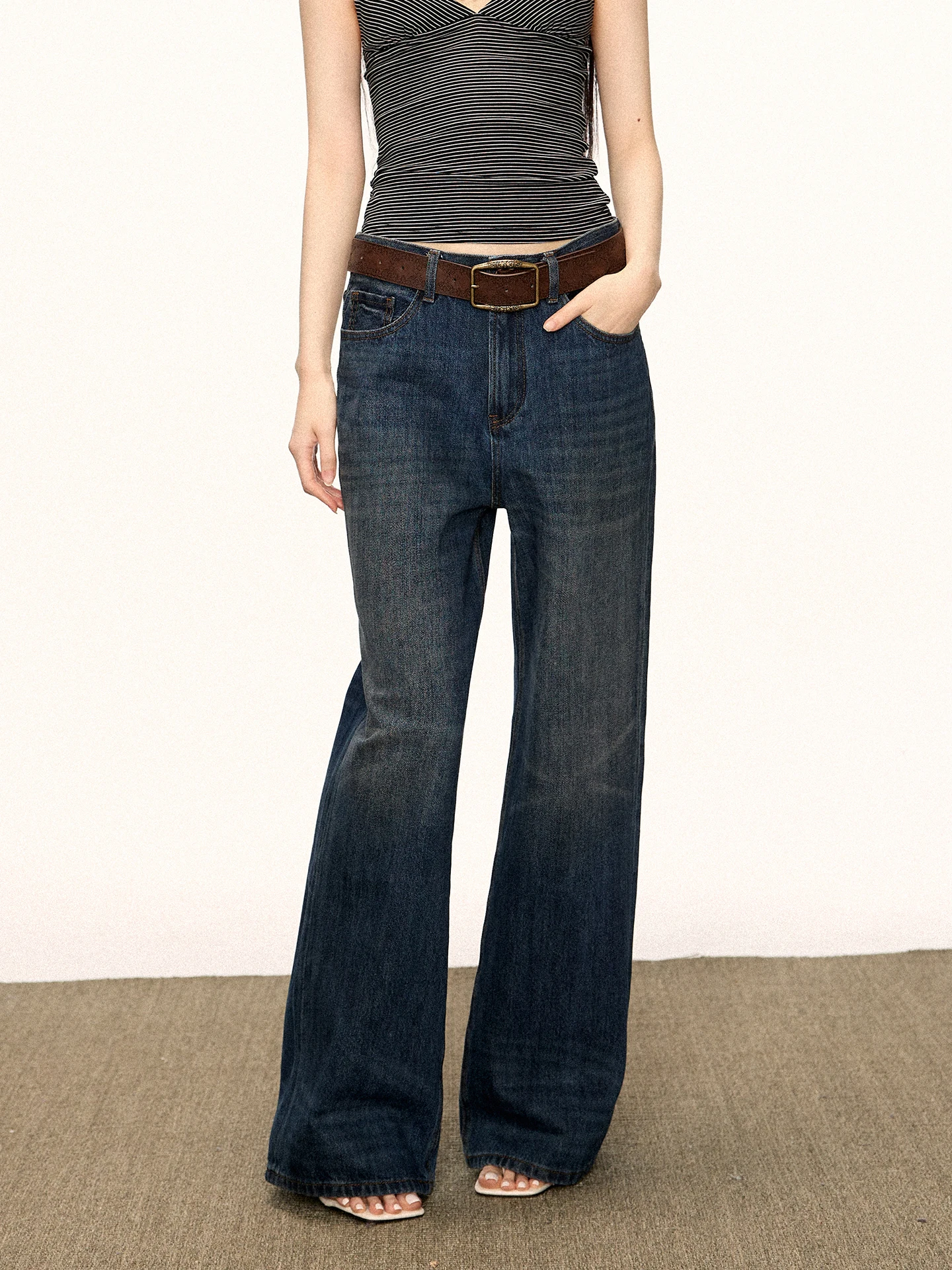 

Cherry Melody American Style Loose Fit Straight Leg Jeans Women's plus Size Conceal Slimming Casual Blue Long Trousers