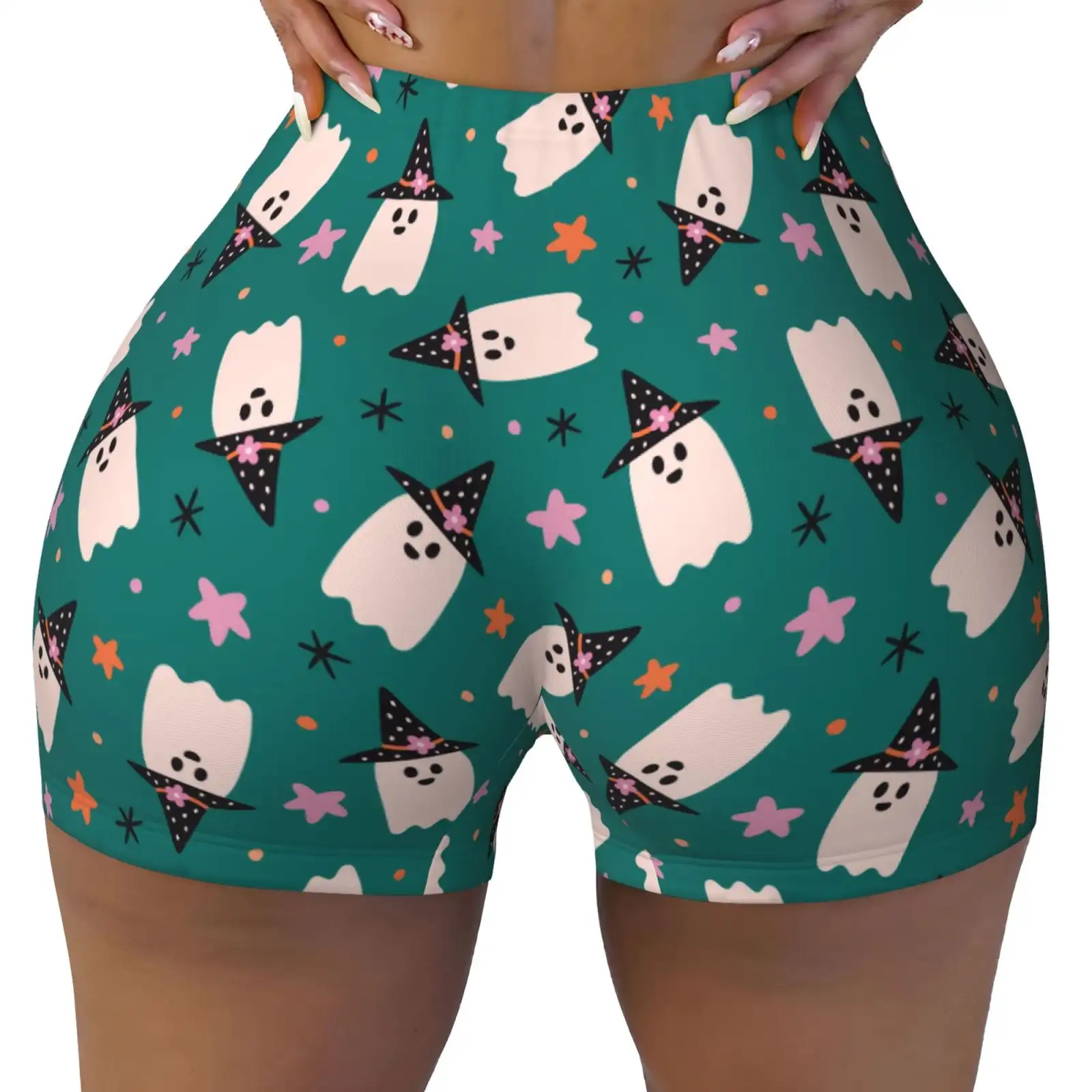 Halloween Ghosts Print Workout Shorts for Women Seamless Soft Smooth Gym Yoga Scrunch Active Shorts