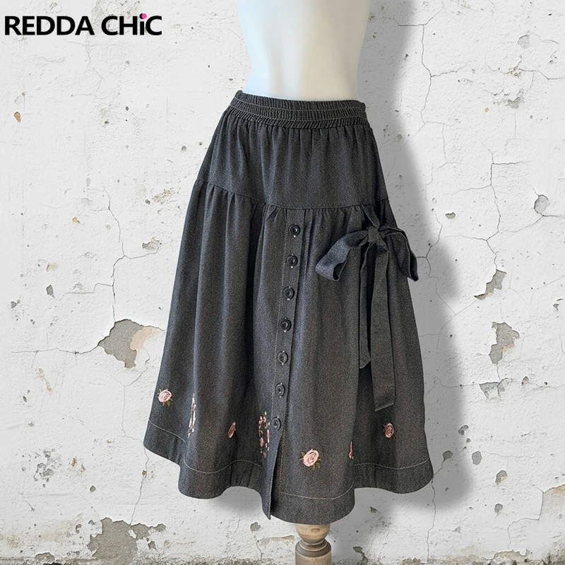 

REDDACHiC Floral Embroidered Women Jean Skirt Boho Elastic Waist Bowknot Button Front Slit Long Casual Denim Skirt Retro Clothes