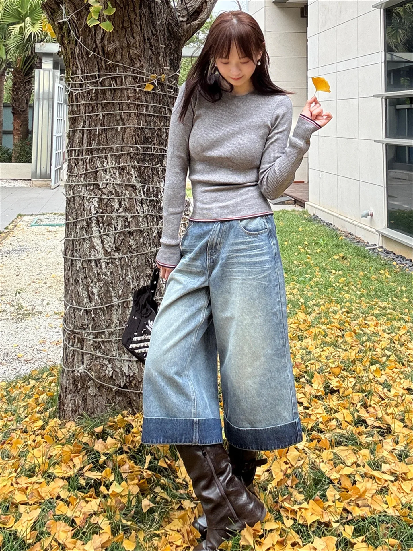 Retro American Street Blue Cuffed Seven-Foot Women's Summer High Waist Loose Slimming Design Sense Washed Denim Mid-Pants