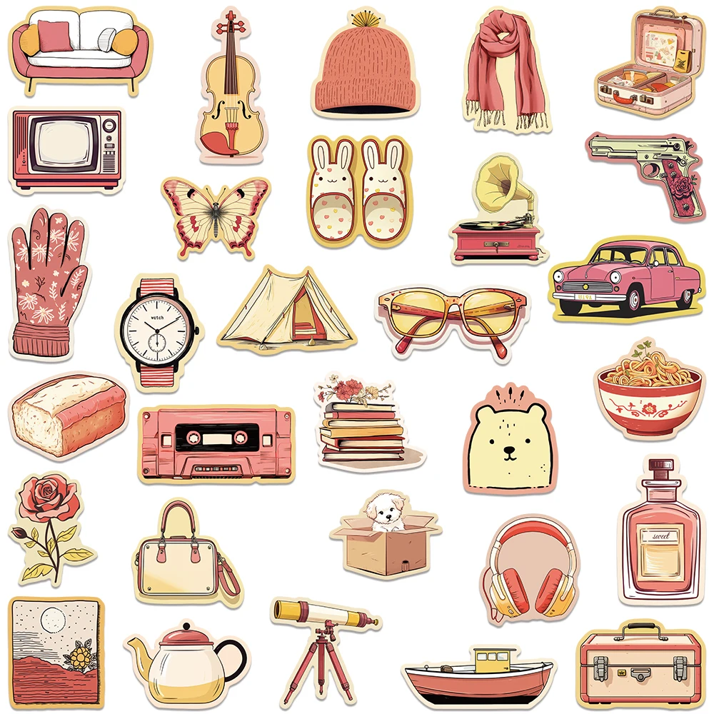 50pcs Aesthetic Laptop Vinyl Decals Cute Cartoon Daily Articles Stickers For Luggage Guitar Phone Bicycle Waterproof Graffiti