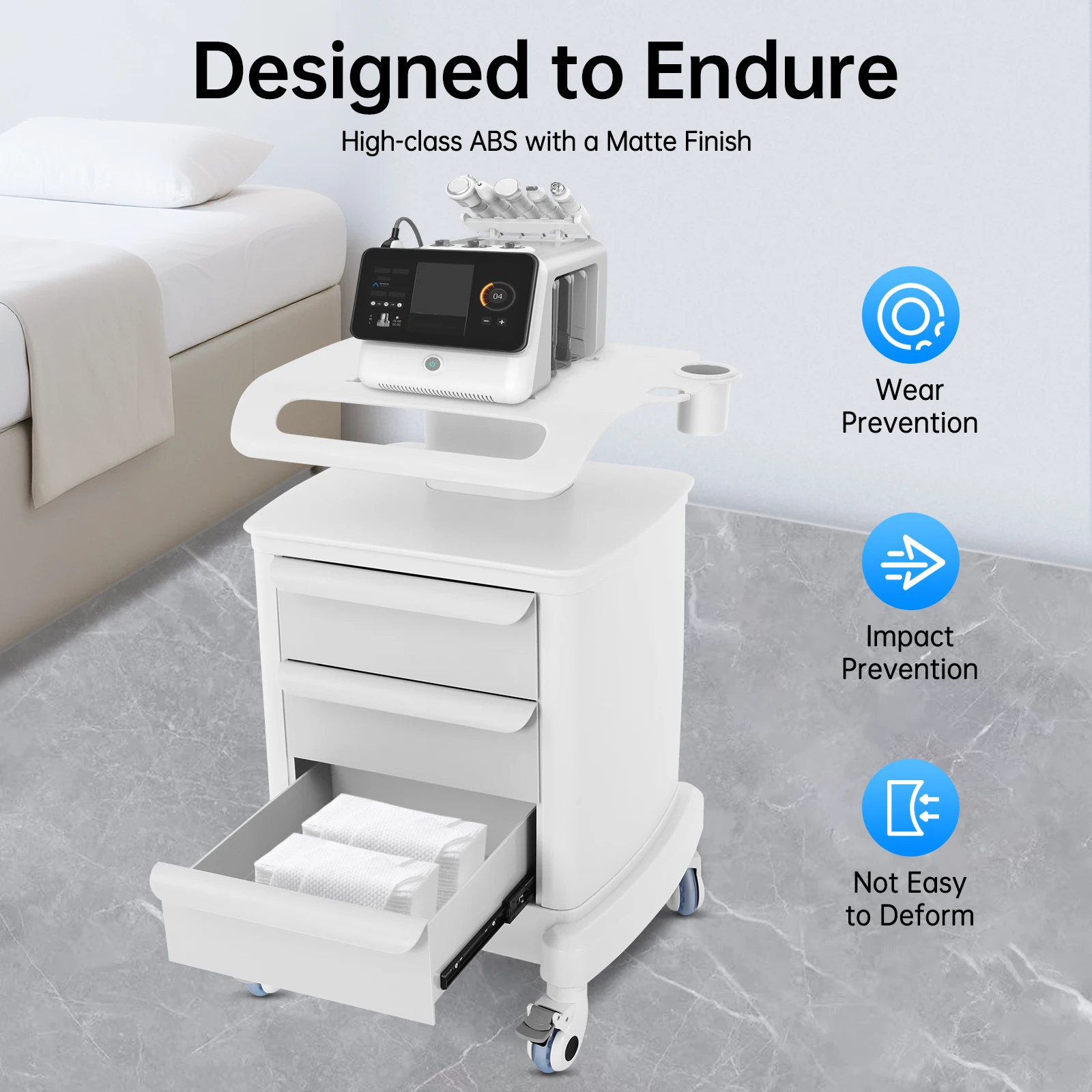 3 Drawer ABS Salon Trolley Cart, 30KG Load Rolling Medical Beauty Instrument Storage Cart with 4 Lockable Universal Wheels for Spa Barber Clinic Hospital