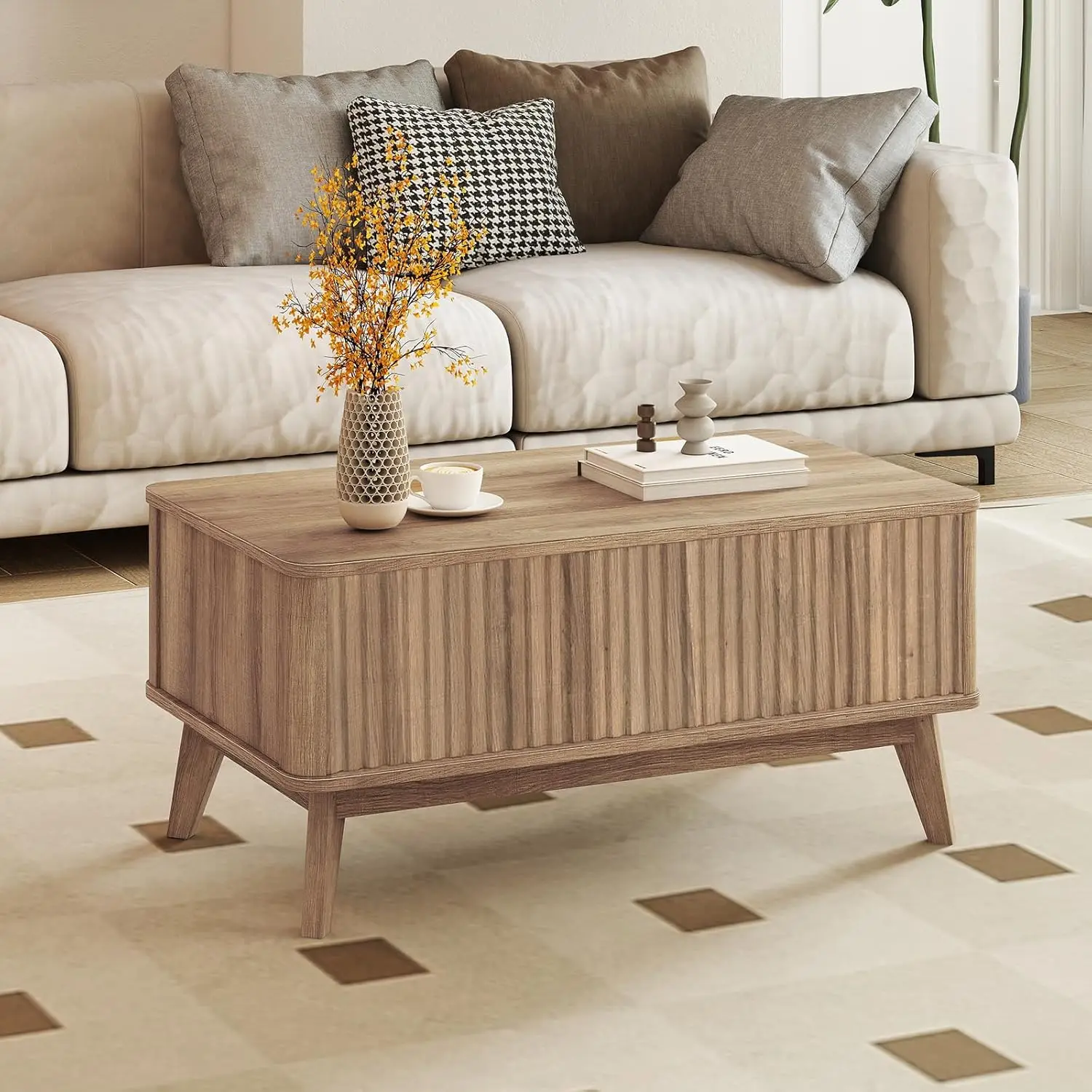 Mesa de Centro com Tampo Elevatório e Armazenamento, 35,5 polegadas, Estilo Moderno de Meio Século, com Pé de Madeira Maciça e Compartimento Oculto, Personalizável