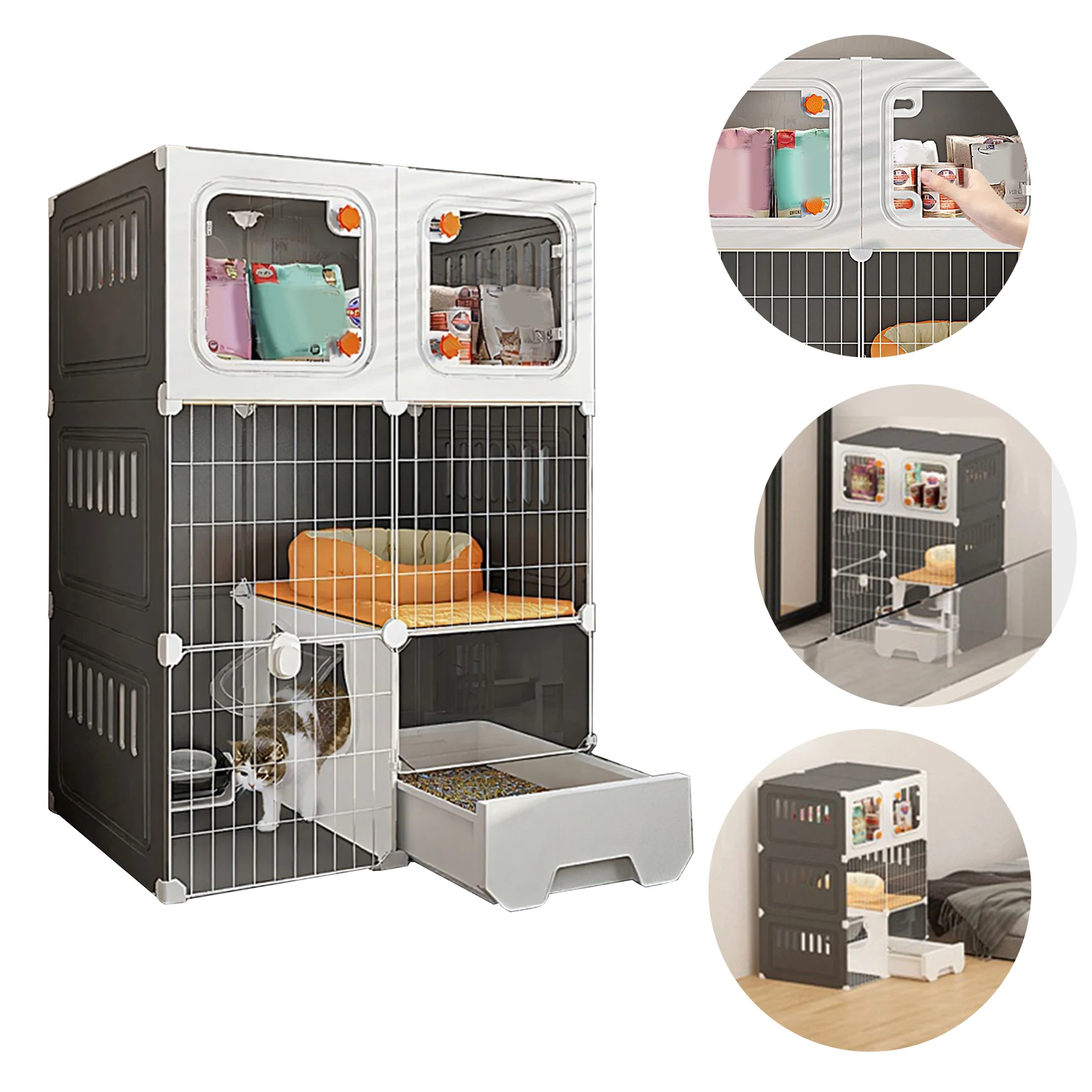 

Integrated Cat House with Cat Bed Cat Crate Indoor Catio Bowl DIY Metal Wire Cat Kennel Cats Litter Box for Cats Villa