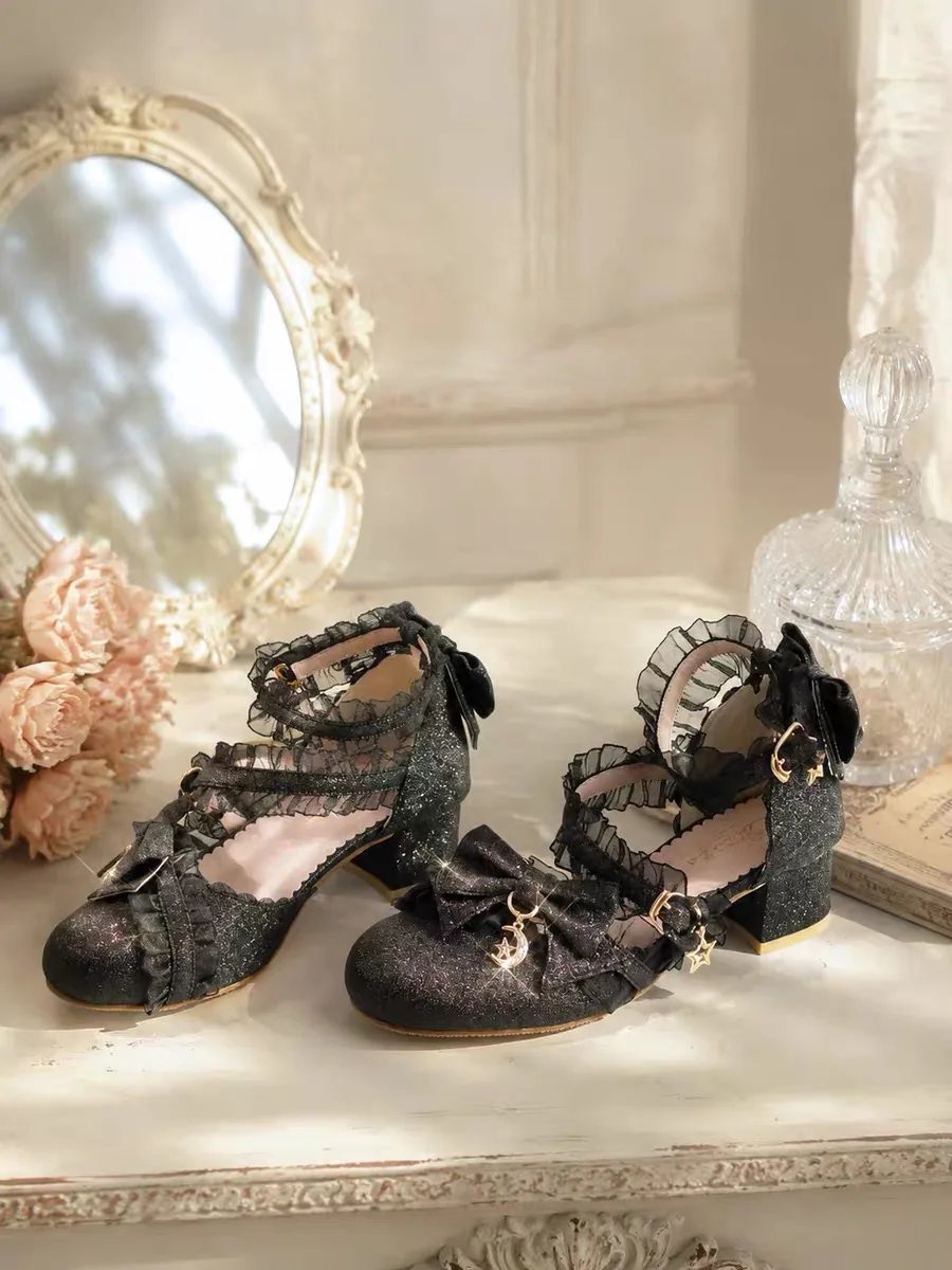 New Women Glitter Lolita Block Heel Sandals Ruffle Lace Bow Star Charm Ankle Strap Round Toe Sweet Cosplay Party Slinge Shoes - view 5