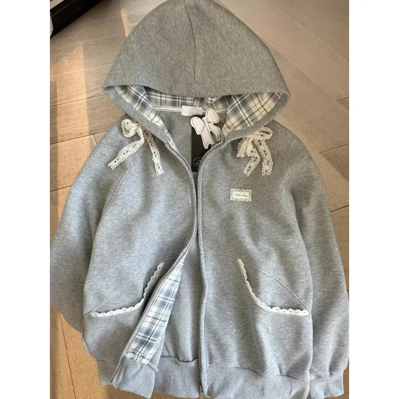 

Lace Patchwork Hoodies Women Cute Bow Long Sleeve Sweatshirt Japan Preppy Style Sweet Loose Long Sleeve Female Gray Outwear