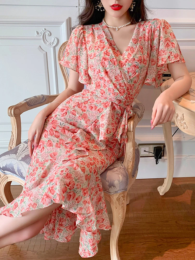 Urlaub Lange Kleider für Frauen Süße Elegante Chiffon Kurzarm Rüschen Gürtel Fischschwanz Robe Party Straße Urlaub Vestido Mujer