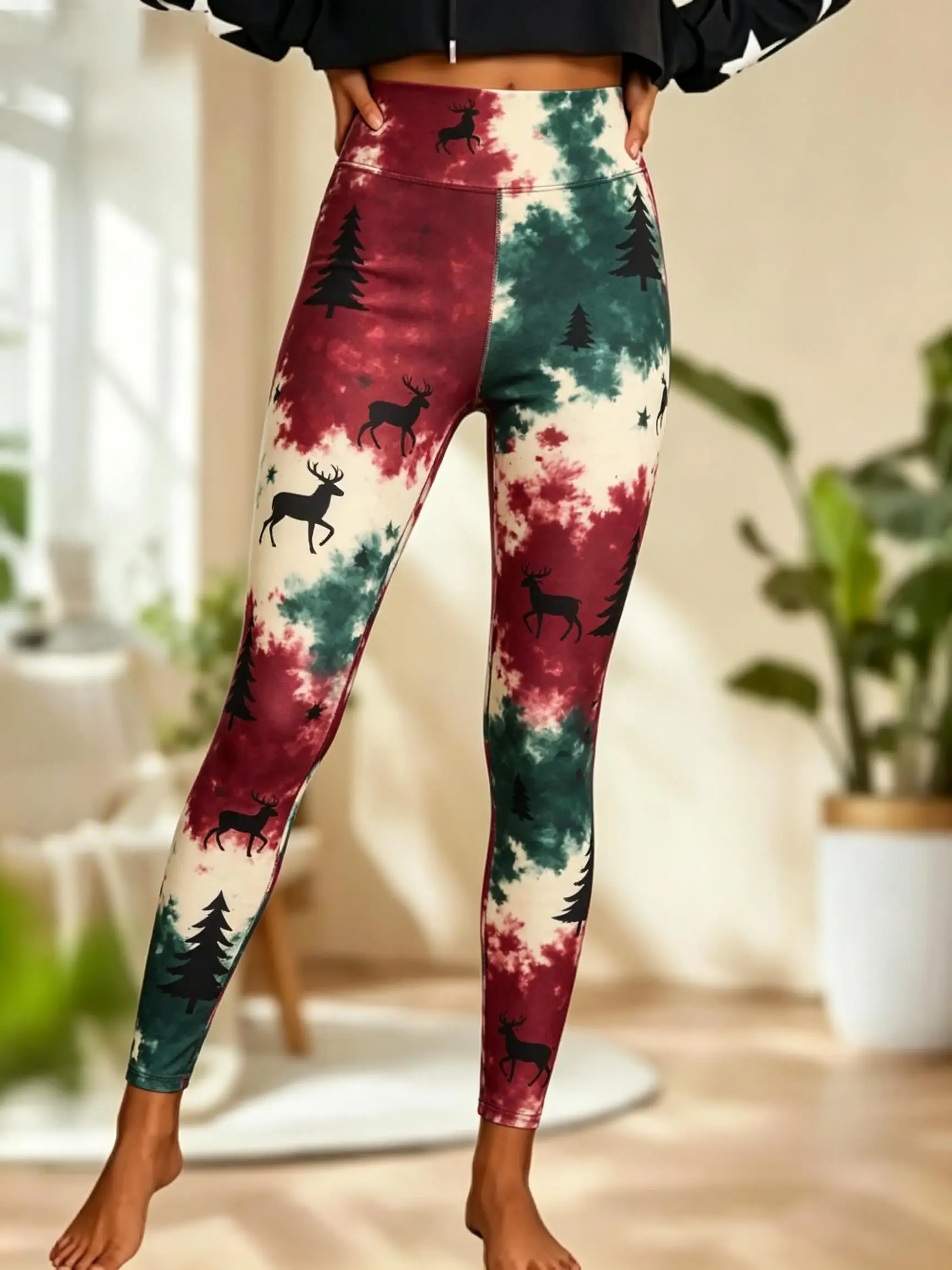 Women Fleece‑Lined Mid‑Rise Leggings Christmas Starry Sky Reindeer Snowflake Xmas Tree Print Slim Warm Pants