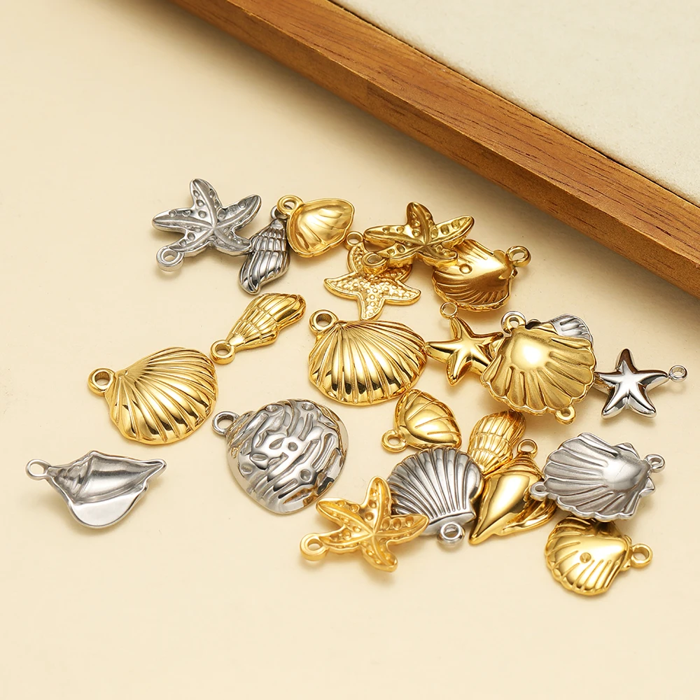 5 Stück Meeresstrand-Anhänger Muscheln Seestern Charms Edelstahl Meeres-Tier-Anhänger DIY Halskette Schmuckherstellung – Detail 3