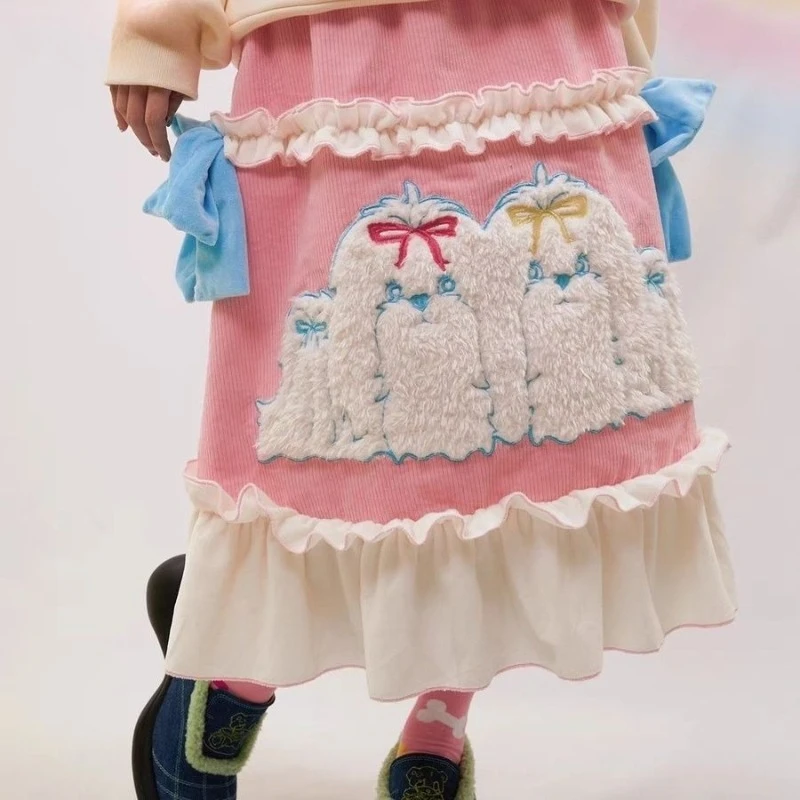 

Осень-зима Kawaii милая вельветовая юбка-миди женская милая мультяшная собака с вышивкой и оборками длинные юбки Harajuku Y2k вечерние юбки