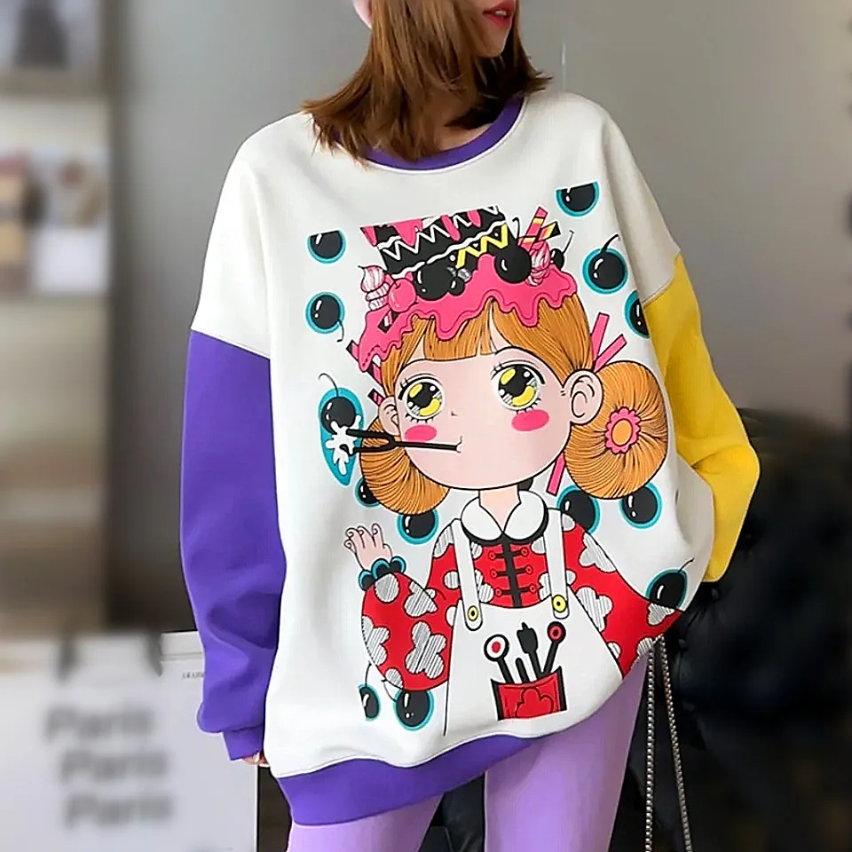 Oversized Autumn New Young Ladies Cartoon Print Sweatshirts Women Loose Street Female Patchwork Spliced Sweatshirts Tops NZ129